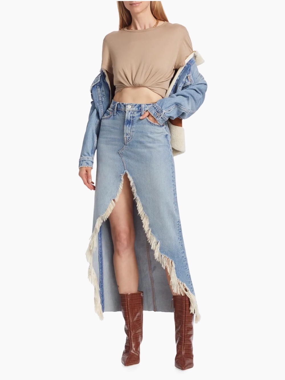 MOTHER Light Blue Fringed High-Slit Denim Maxi Skirt